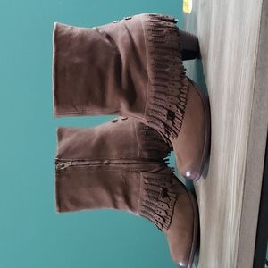 Naughty Monkey Woman's Heal Suede Fringe Leather Boots Swing Low Taupe Size 10